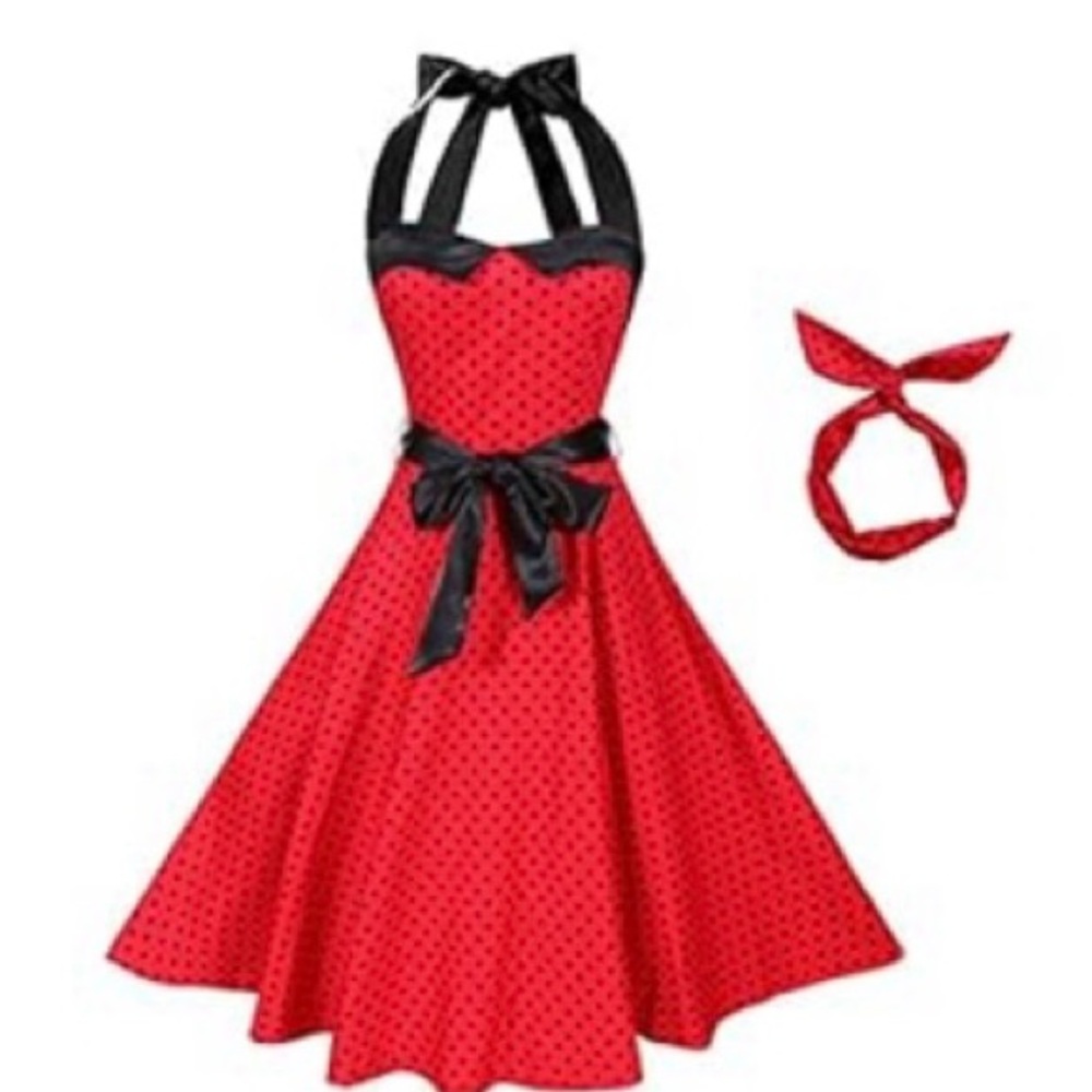 1950s Halter Style Vintage Polka Dot Swing Party Dress, Small